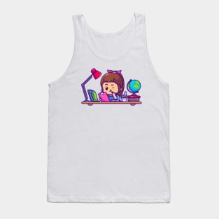 Cute Girl Study With Books Cartoon Tank Top